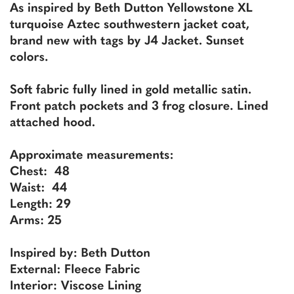 Beth Dutton Yellowstone XL turquoise Aztec southwestern jacket coat - Picture 13 of 16